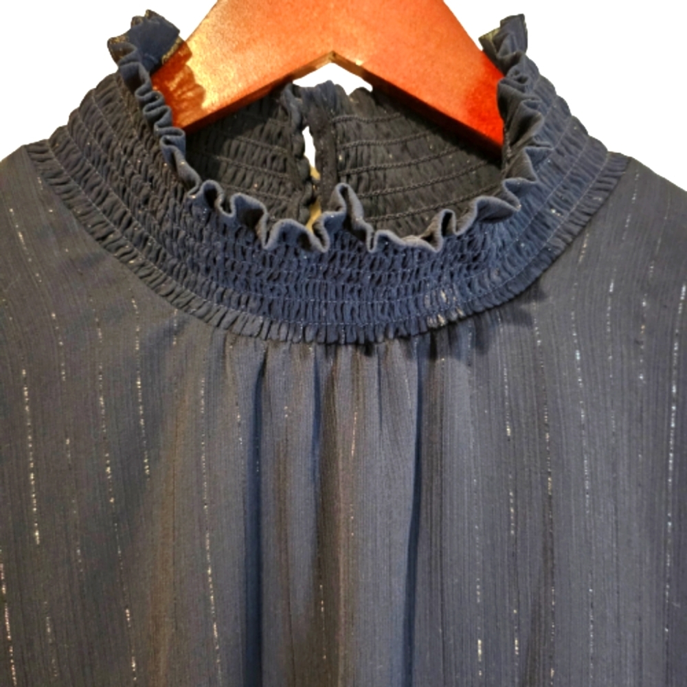 NY Collection Women's Mock Neck Navy Blue Silver Mettalic Stripe Blouse Size XL - Picture 4 of 14